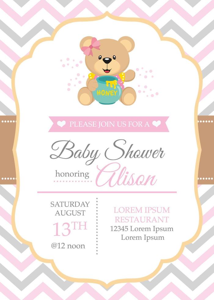 carte de douche de bébé avec une jolie fille ours vecteur