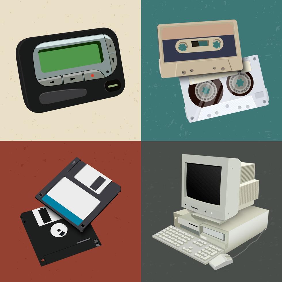 ensemble de gadgets d'accessoires de nostalgie rétro des années 70-90. l'élément de style évoque la sensation de la technologie de symbole cool de la décennie comme le bipeur, le téléavertisseur, la bande vhs, la disquette et l'ordinateur. graphique vectoriel. vecteur