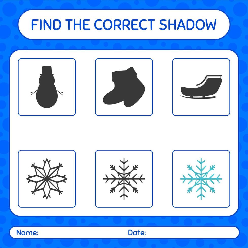 trouver le bon jeu d'ombres avec flocon de neige. feuille de travail pour les enfants d'âge préscolaire, feuille d'activité pour enfants vecteur