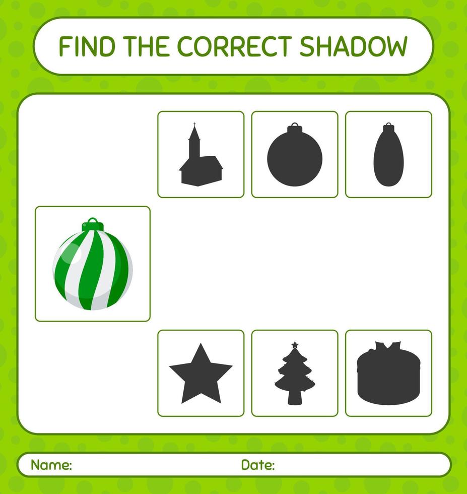 trouvez le bon jeu d'ombres avec décoration de noël. feuille de travail pour les enfants d'âge préscolaire, feuille d'activité pour enfants vecteur