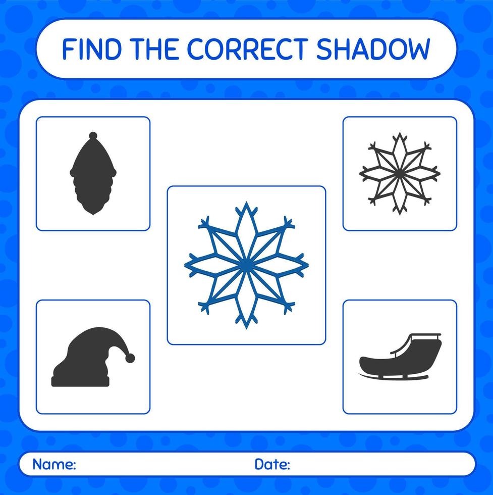 trouver le bon jeu d'ombres avec flocon de neige. feuille de travail pour les enfants d'âge préscolaire, feuille d'activité pour enfants vecteur