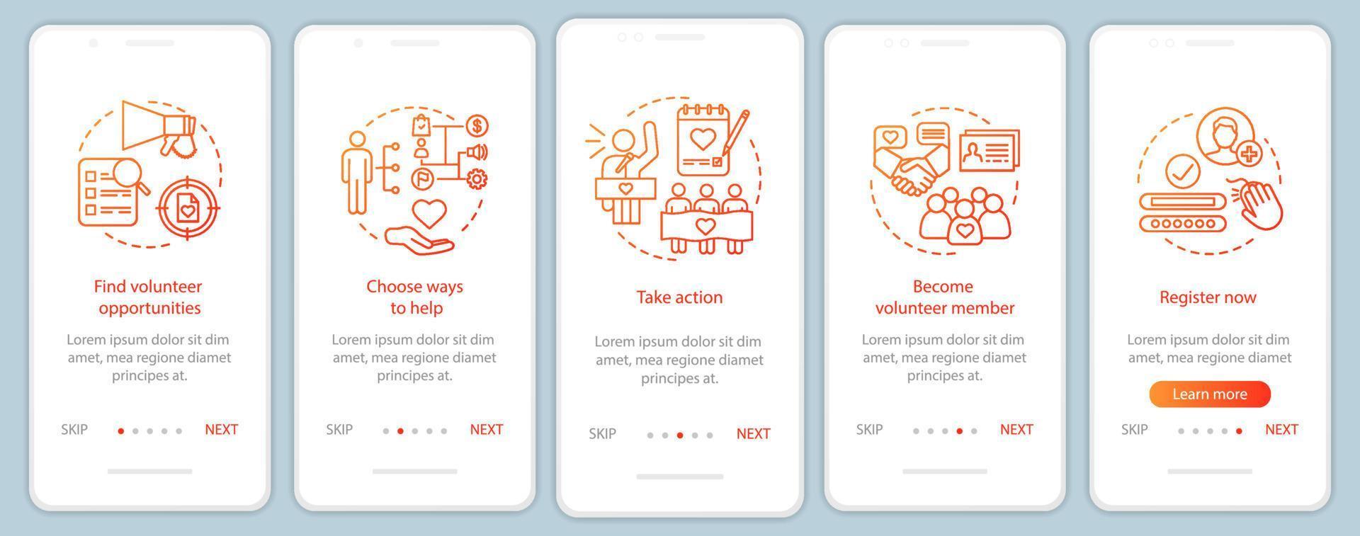 bénévoles trouvant l'écran de la page de l'application mobile d'intégration avec des concepts linéaires. aide humanitaire. instructions graphiques des étapes du programme de bénévolat. ux, ui, modèle vectoriel gui avec illustrations