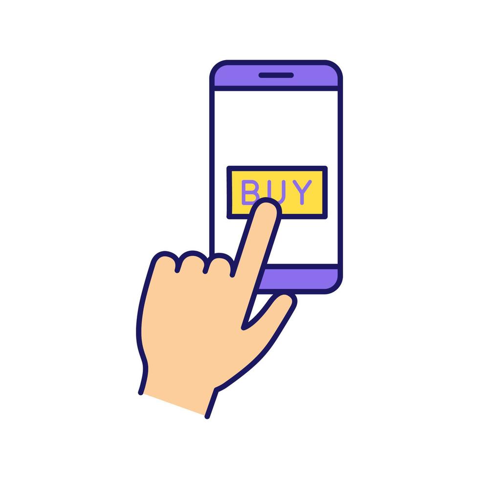 paiement en ligne par icône de couleur de clic. e-paiement. achat numérique. application pour smartphone de paiement sans numéraire. main en appuyant sur le bouton de paiement. illustration vectorielle isolée vecteur