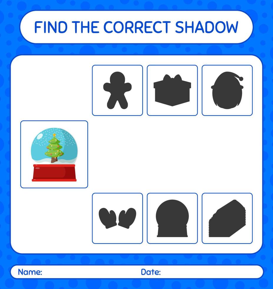 trouvez le bon jeu d'ombres avec une boule de neige en verre. feuille de travail pour les enfants d'âge préscolaire, feuille d'activité pour enfants vecteur