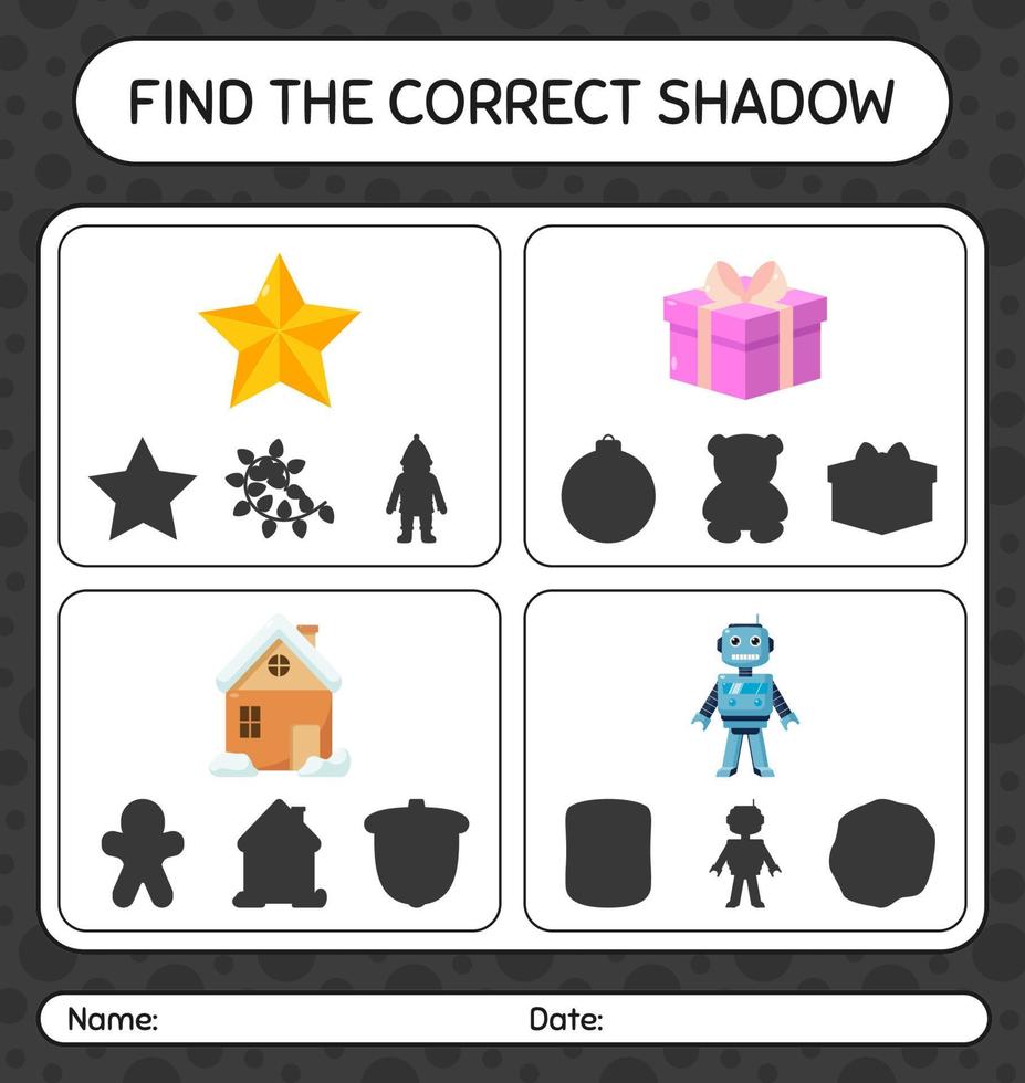 trouvez le bon jeu d'ombres avec l'icône de noël. feuille de travail pour les enfants d'âge préscolaire, feuille d'activité pour enfants vecteur