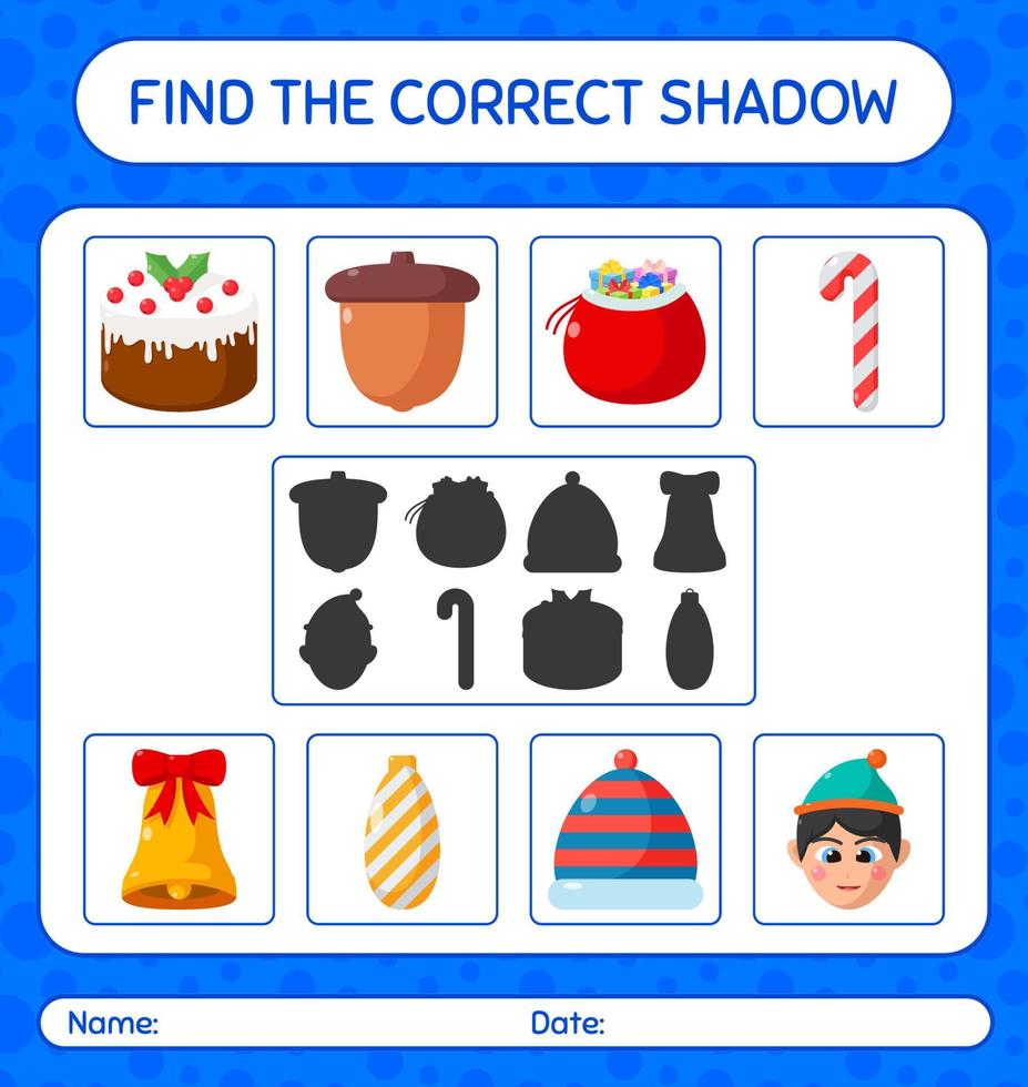 trouvez le bon jeu d'ombres avec l'icône de noël. feuille de travail pour les enfants d'âge préscolaire, feuille d'activité pour enfants vecteur