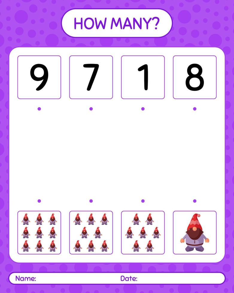 combien de jeu de comptage avec gnome. feuille de travail pour les enfants d'âge préscolaire, feuille d'activité pour enfants vecteur