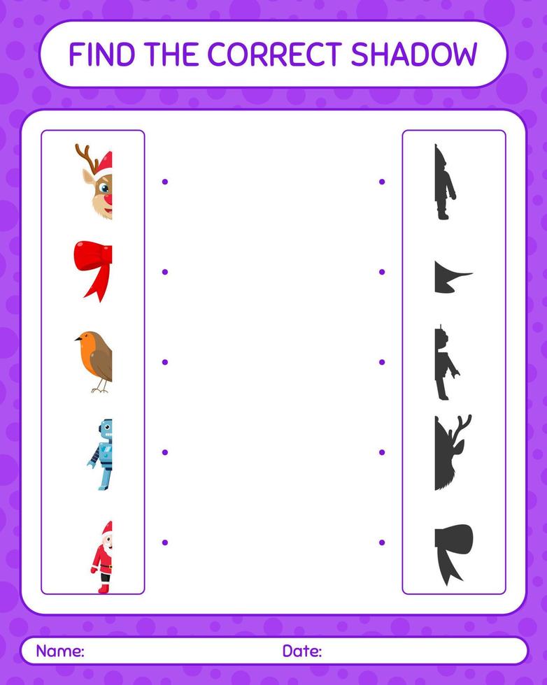 trouvez le bon jeu d'ombres avec l'icône de noël. feuille de travail pour les enfants d'âge préscolaire, feuille d'activité pour enfants vecteur