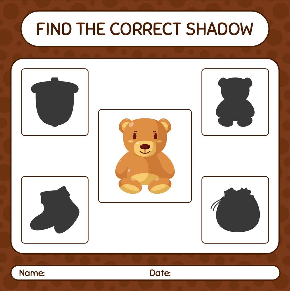trouver le bon jeu d'ombres avec ours en peluche. feuille de travail pour les enfants d'âge préscolaire, feuille d'activité pour enfants vecteur