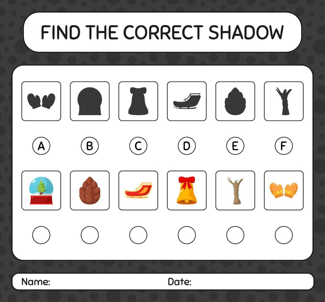 trouvez le bon jeu d'ombres avec l'icône de noël. feuille de travail pour les enfants d'âge préscolaire, feuille d'activité pour enfants vecteur