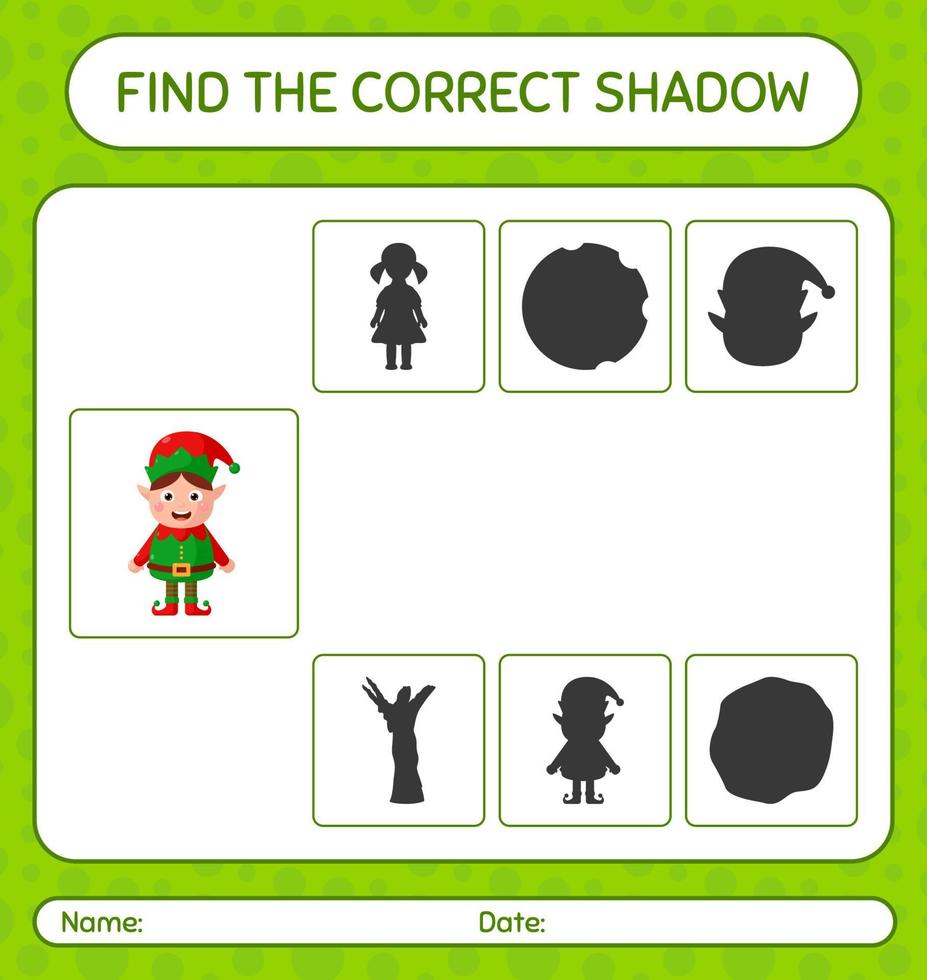 trouver le bon jeu d'ombres avec elf. feuille de travail pour les enfants d'âge préscolaire, feuille d'activité pour enfants vecteur