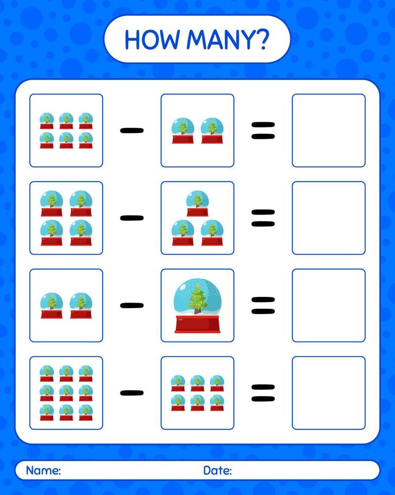 combien de jeu de comptage avec boule de neige en verre. feuille de travail pour les enfants d'âge préscolaire, feuille d'activité pour enfants vecteur