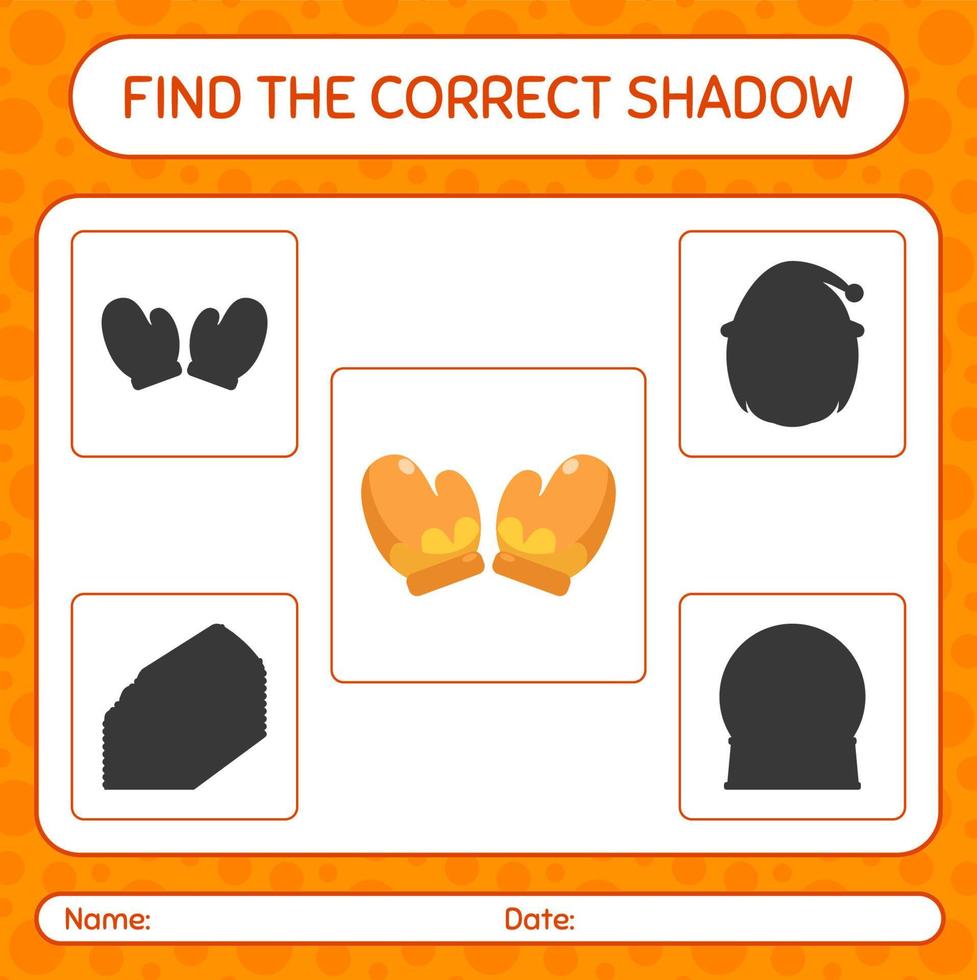trouver le bon jeu d'ombres avec un gant. feuille de travail pour les enfants d'âge préscolaire, feuille d'activité pour enfants vecteur
