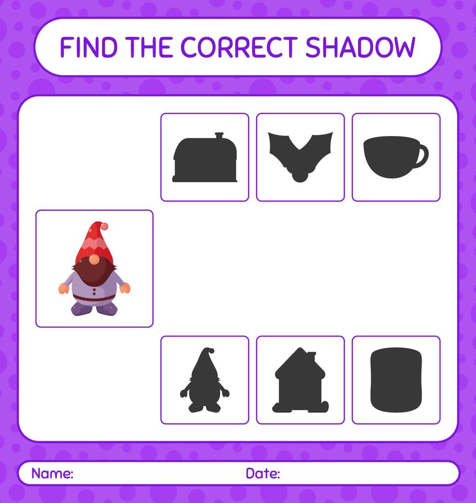 trouver le bon jeu d'ombres avec gnome. feuille de travail pour les enfants d'âge préscolaire, feuille d'activité pour enfants vecteur