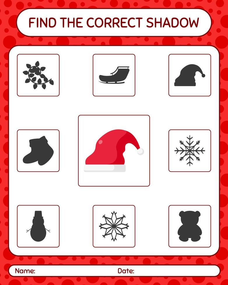 trouver le bon jeu d'ombres avec le bonnet de noel. feuille de travail pour les enfants d'âge préscolaire, feuille d'activité pour enfants vecteur