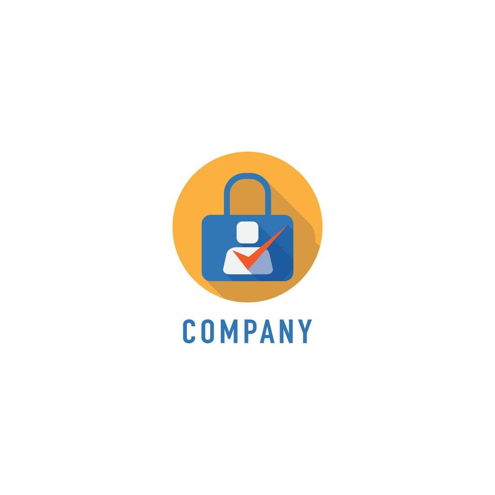 modèle de conception de logo de sécurité des données personnelles, ombre portée de conception plate, symbole de verrouillage, personnes de la liste de contrôle, concept de logo de sécurité numérique, bleu, fond orange, jaune, rouge, blanc vecteur
