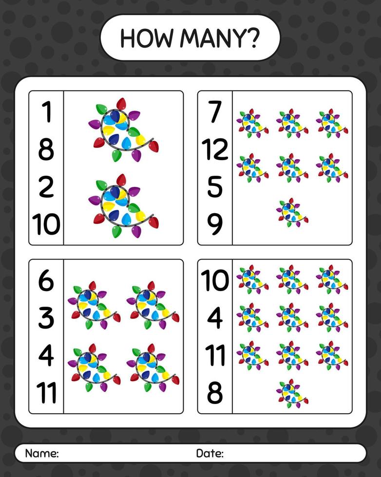 combien de jeu de comptage avec guirlande lumineuse. feuille de travail pour les enfants d'âge préscolaire, feuille d'activité pour enfants vecteur