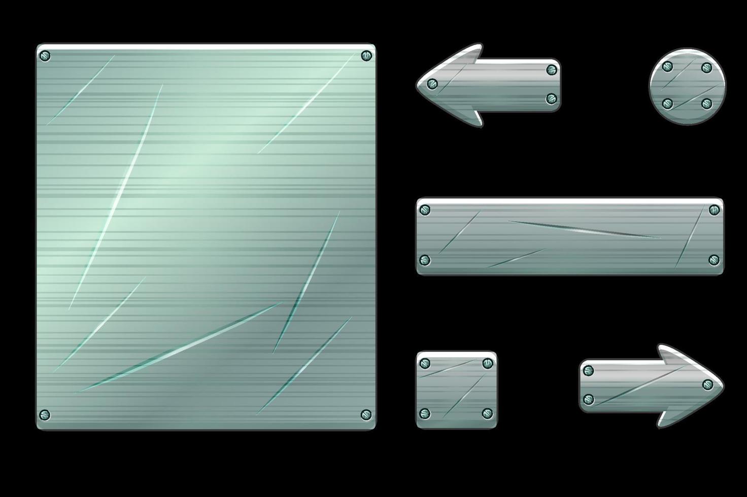 ancienne interface utilisateur métallique et boutons de jeu. illustration vectorielle du modèle de fenêtre de menu de jeu avec des fissures. vecteur