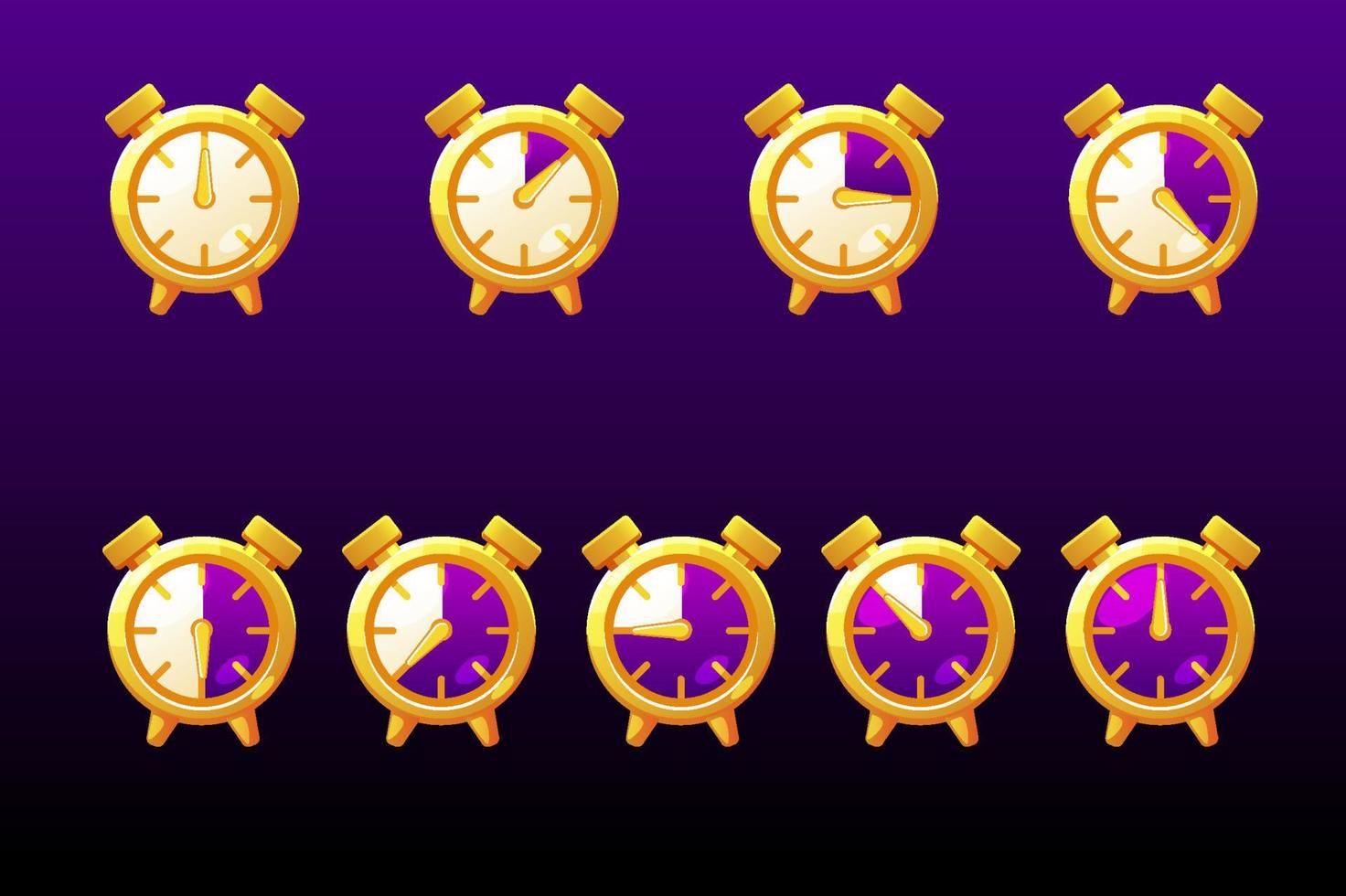 barre de temps, icônes d'horloge pour le jeu. illustration vectorielle définie indicateur de ligne de montre violet pour gui. vecteur