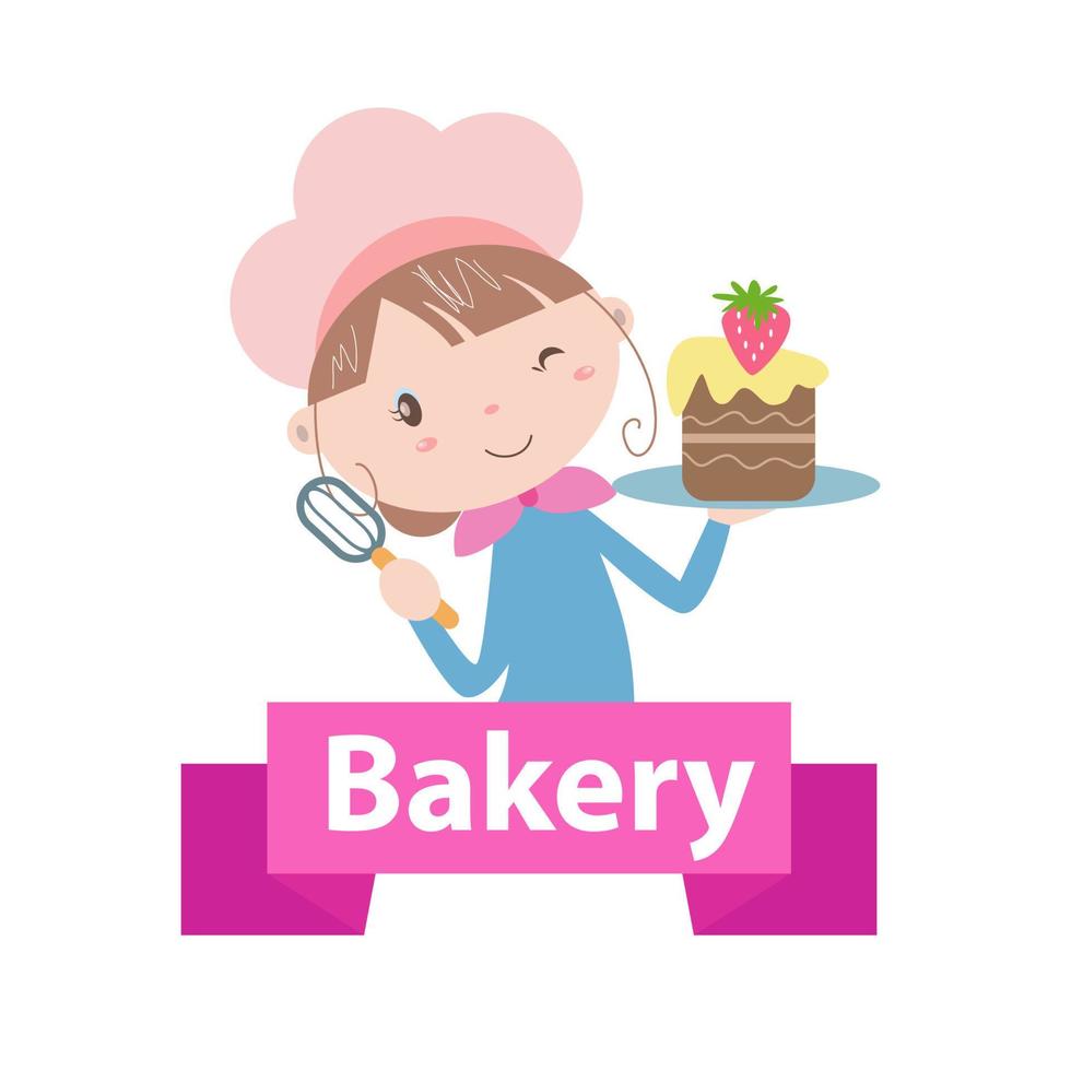 illustration vectorielle de boulangerie logo avec art de dessin animé jolie fille vecteur