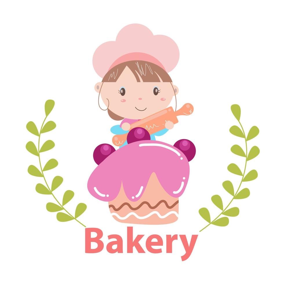 illustration vectorielle de boulangerie logo avec art de dessin animé jolie fille vecteur