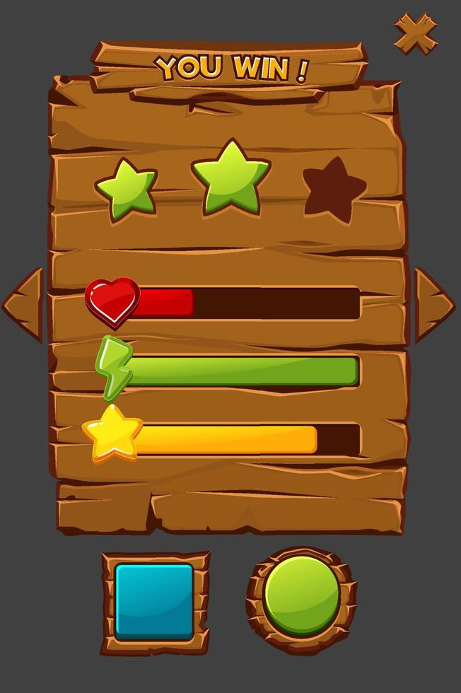 illustration de concept de jeu interface en bois avec boutons. menu utilisateur vectoriel et cadre que vous avez gagnés.