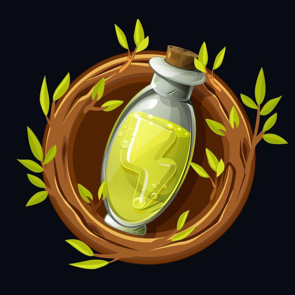 potion magique avec de l'énergie dans une couronne de brindilles. illustration vectorielle d'une icône de pot avec un élixir dans un cadre en bois. vecteur