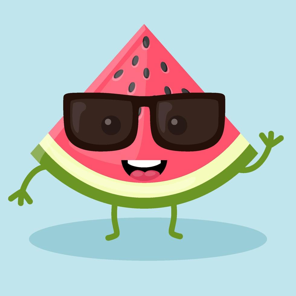 tranche de pastèque heureuse kawaii mignonne avec des lunettes noires, image vectorielle de fruits sur fond bleu vecteur