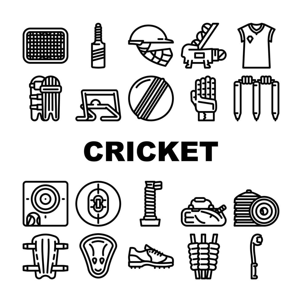 cricket, sport, jeu, accessoire, icônes, ensemble, vecteur