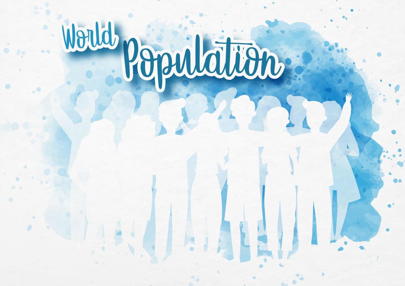 silhouette foule de personnes en personnage de dessin animé et style plat avec le nom de l'événement sur fond bleu aquarelle. campagne d'affiches de la journée mondiale de la population en conception vectorielle. vecteur