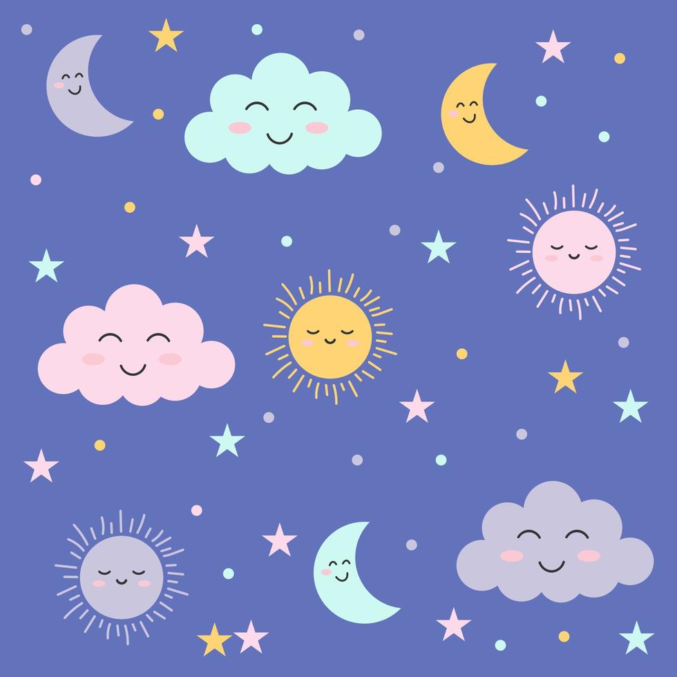 fond avec de beaux nuages colorés souriants et stars.vector illustration. vecteur