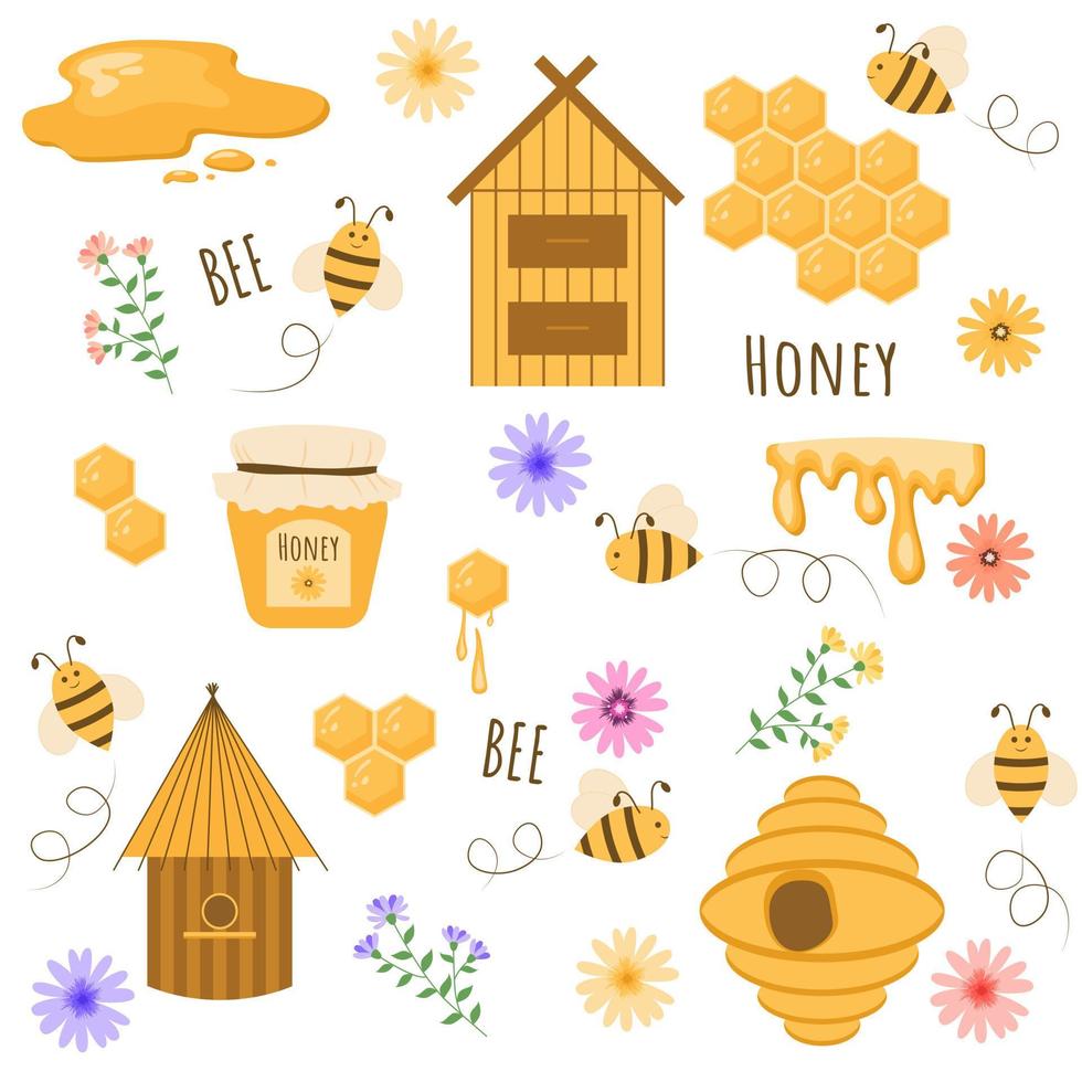ensemble de miel. apiculture. rucher de dessin animé. illustration de ruche, abeilles, miel, fleurs. vecteur