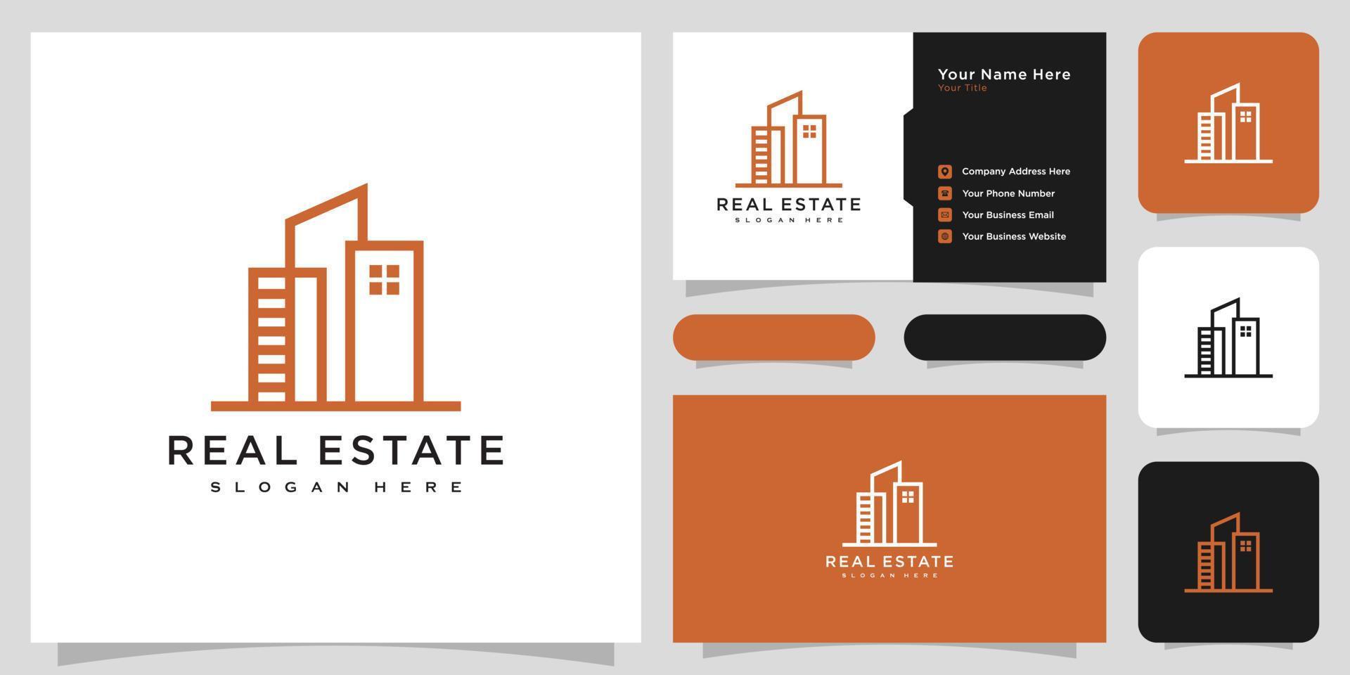 bâtiment immobilier logo style de ligne vectorielle et carte de visite vecteur