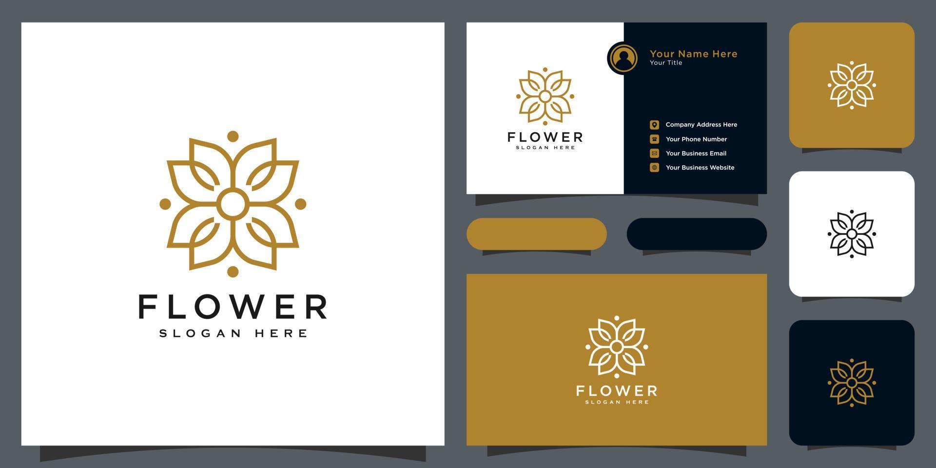 logo de luxe fleur mono ligne avec conception de carte de visite vecteur