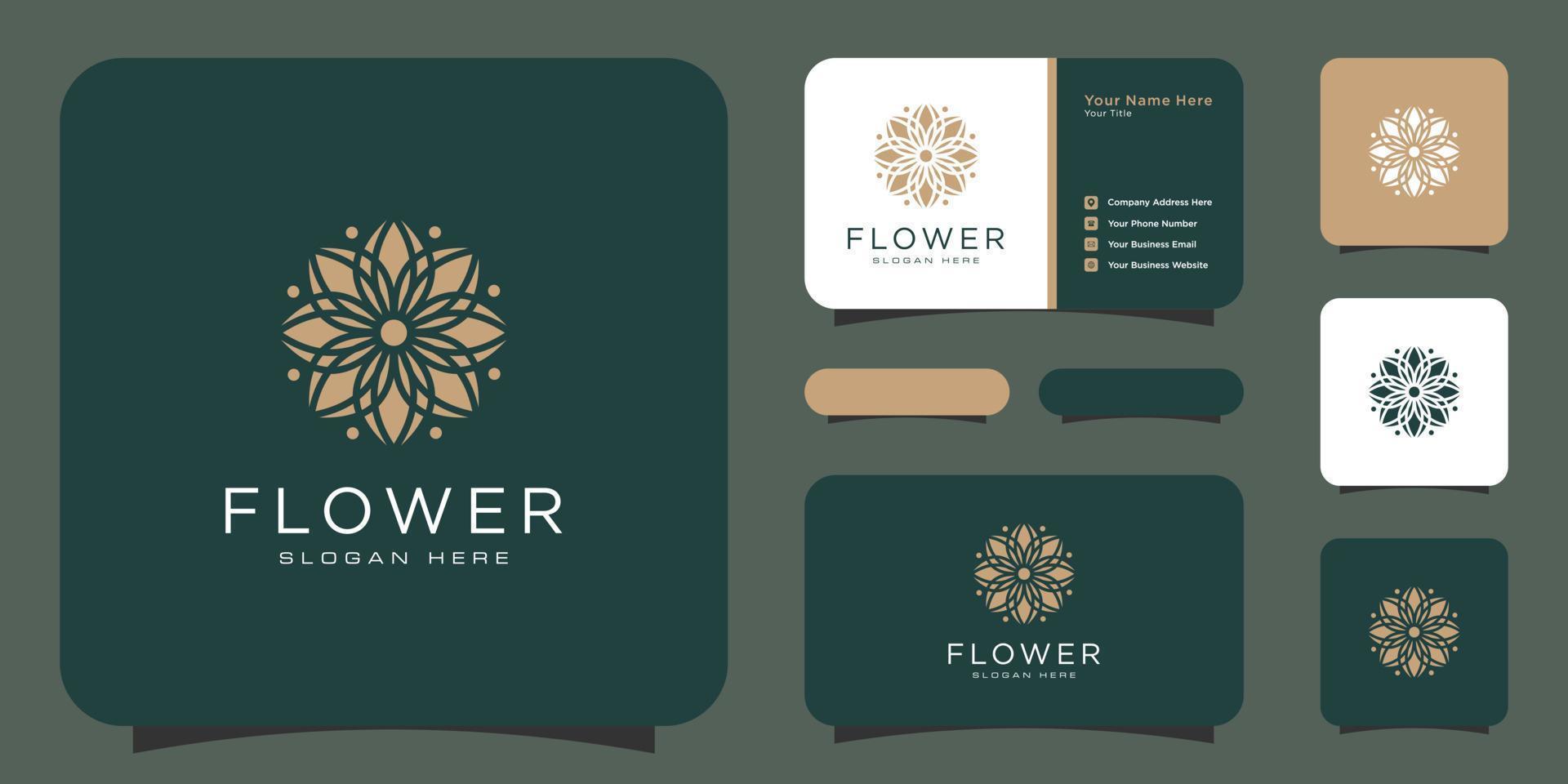 logo de luxe fleur mono ligne avec conception de carte de visite vecteur