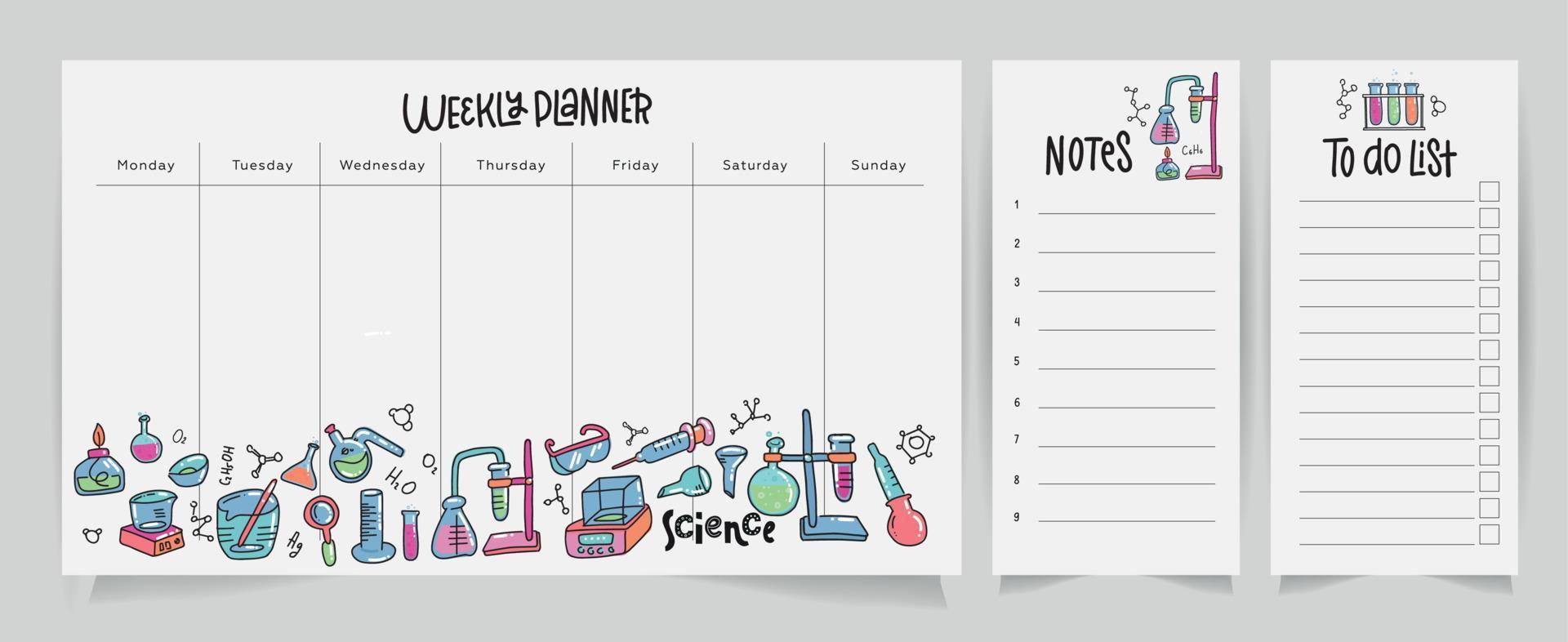 ensemble de planificateur hebdomadaire scolaire et de listes de tâches sur le thème de la science. flacon de chimie, instruments de laboratoire en style doodle. illustration vectorielle dessinés à la main. modèle imprimable CMJN vecteur