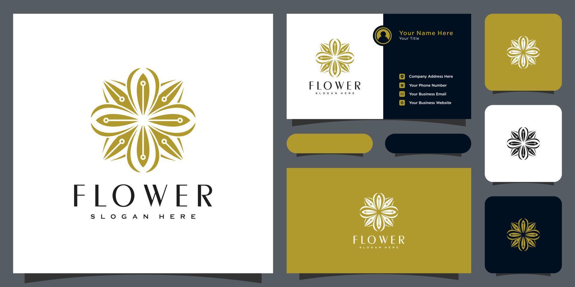 logo de luxe fleur mono ligne avec conception de carte de visite vecteur