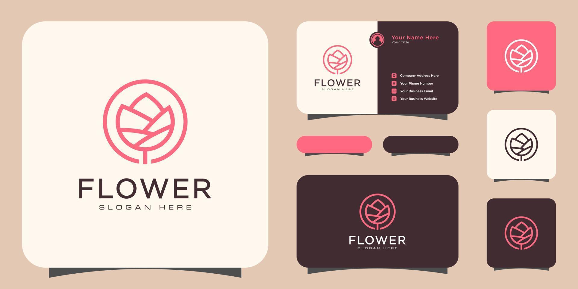 logo de luxe fleur mono ligne avec conception de carte de visite vecteur