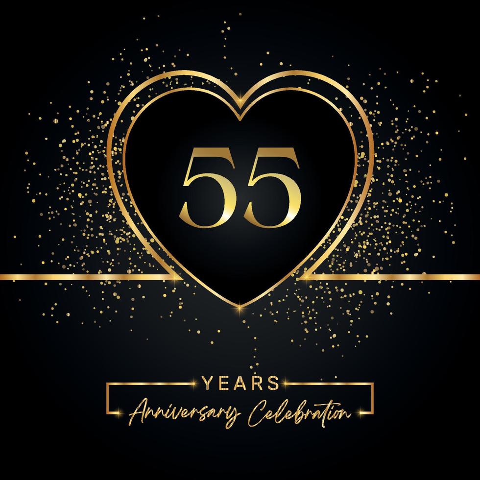 Célébration du 55e anniversaire avec coeur d'or et paillettes d'or sur fond noir. conception de vecteur pour les voeux, fête d'anniversaire, mariage, fête d'événement. logo anniversaire 55 ans