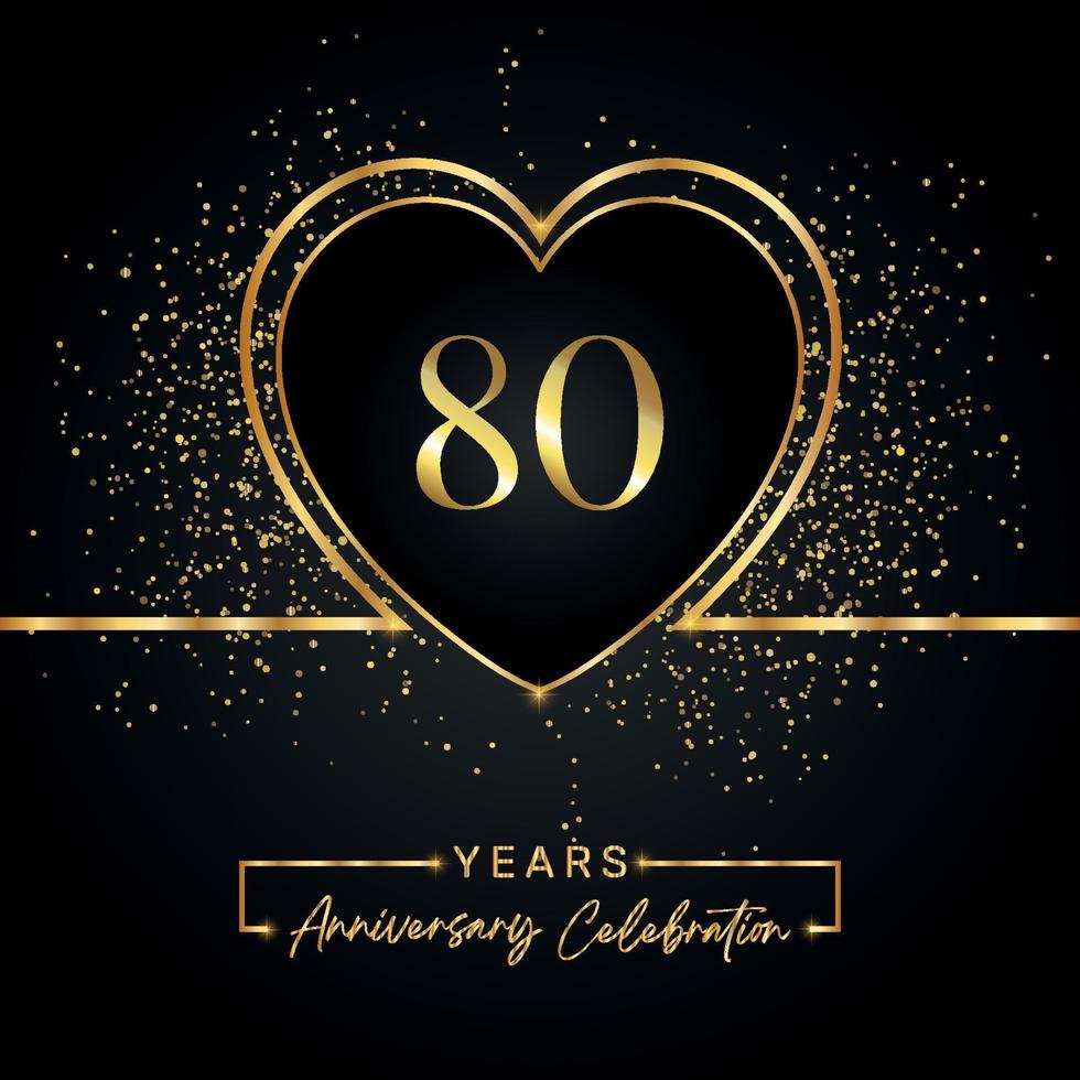 Célébration du 80e anniversaire avec coeur d'or et paillettes d'or sur fond noir. conception de vecteur pour les voeux, fête d'anniversaire, mariage, fête d'événement. logo anniversaire 80 ans