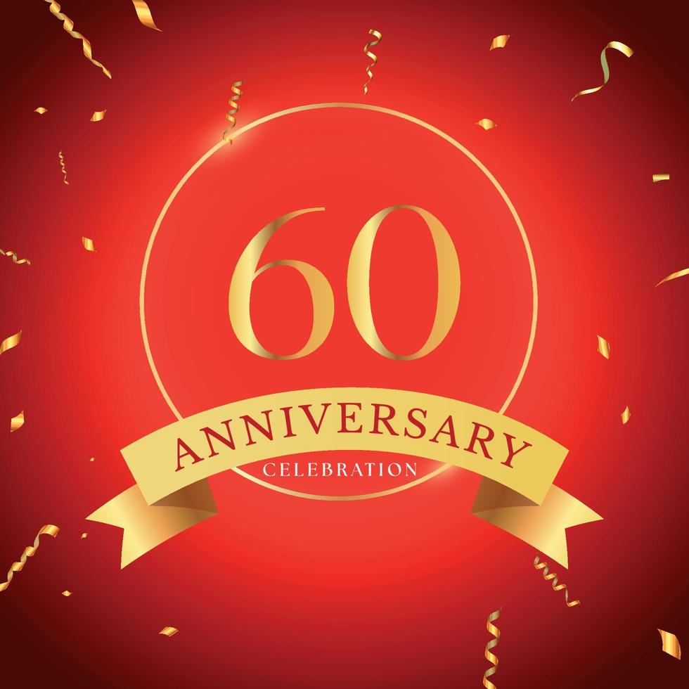 Célébration du 60e anniversaire avec cadre doré et confettis dorés isolés sur fond rouge. création vectorielle pour carte de voeux, fête d'anniversaire, mariage, fête d'événement. Logo anniversaire 60 ans. vecteur