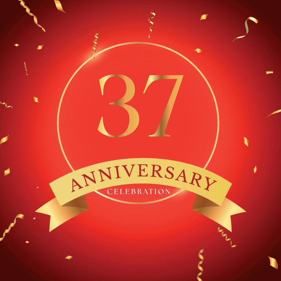 Célébration de l'anniversaire de 37 ans avec cadre doré et confettis dorés isolés sur fond rouge. création vectorielle pour carte de voeux, fête d'anniversaire, mariage, fête d'événement. Logo anniversaire 37 ans. vecteur