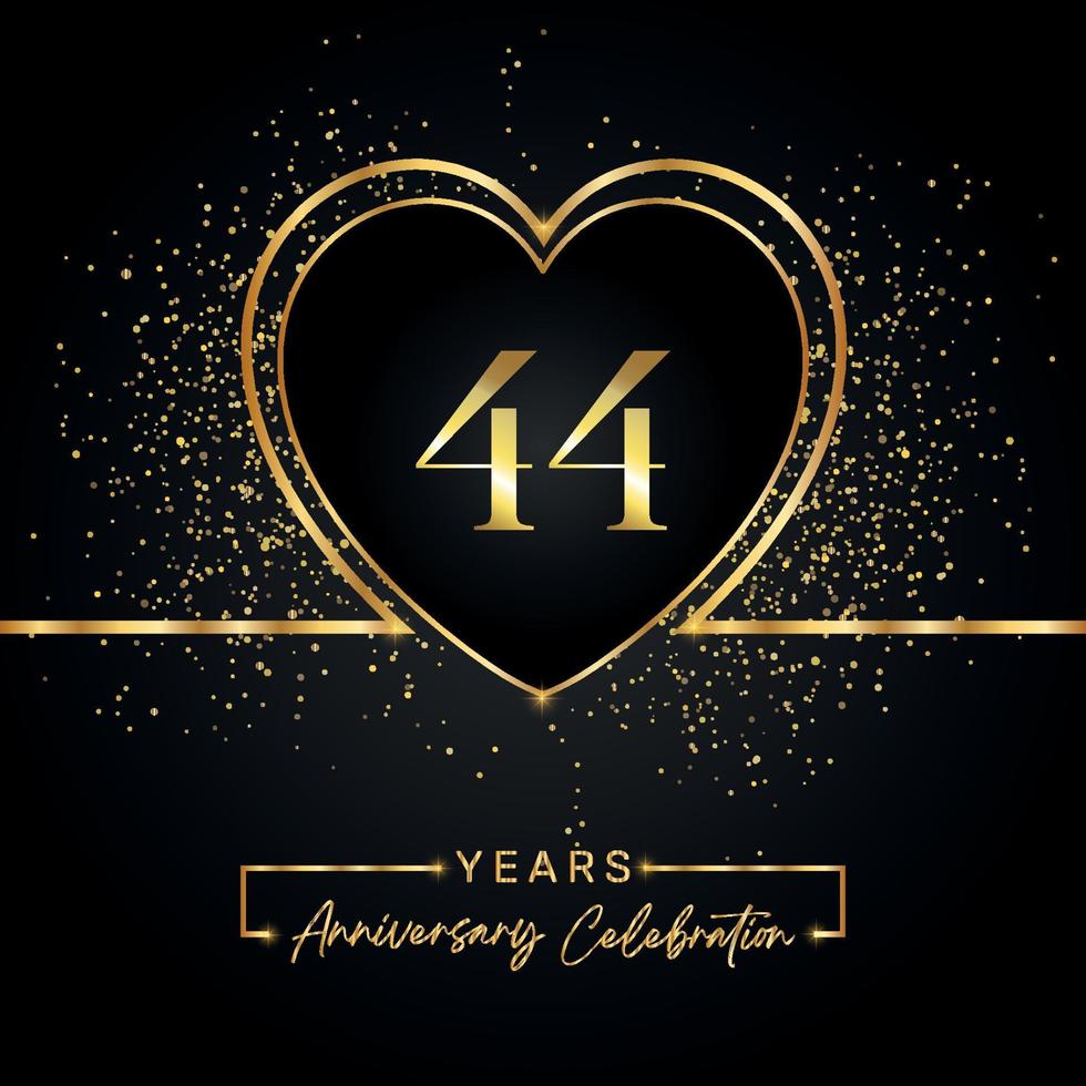 Célébration de l'anniversaire de 44 ans avec coeur d'or et paillettes d'or sur fond noir. conception de vecteur pour les voeux, fête d'anniversaire, mariage, fête d'événement. logo anniversaire 44 ans