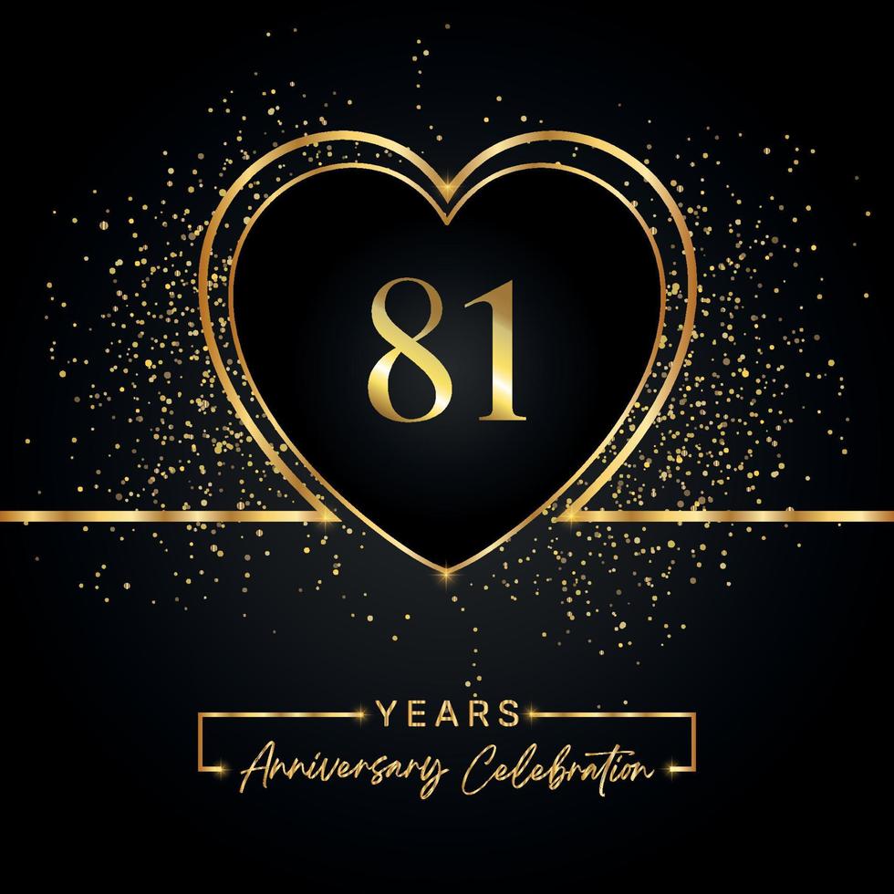 Célébration de 81 ans avec coeur d'or et paillettes d'or sur fond noir. conception de vecteur pour les voeux, fête d'anniversaire, mariage, fête d'événement. logo anniversaire 81 ans