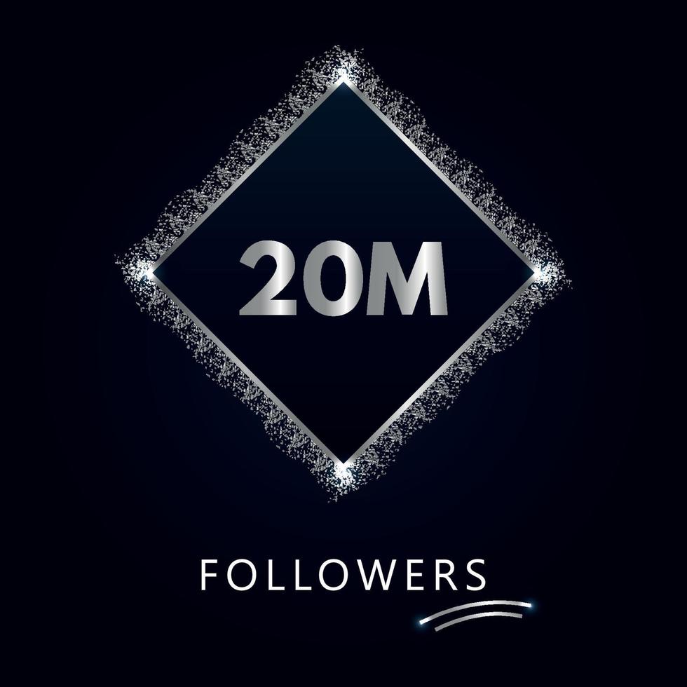 20m avec des paillettes argentées isolées sur fond bleu marine. modèle de carte de voeux pour les réseaux sociaux, les abonnés, les célébrations, les amis et les abonnés. 20 millions de followers vecteur