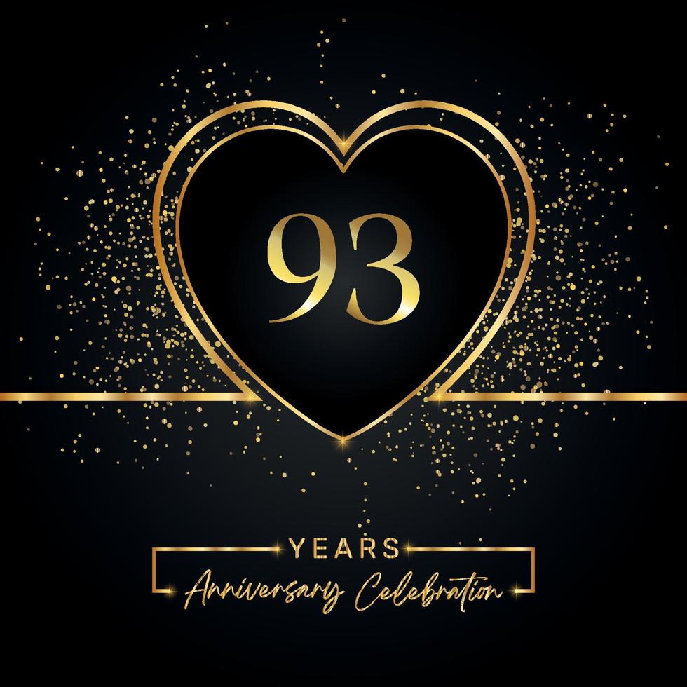 Célébration du 93e anniversaire avec coeur d'or et paillettes d'or sur fond noir. conception de vecteur pour les voeux, fête d'anniversaire, mariage, fête d'événement. logo anniversaire 93 ans