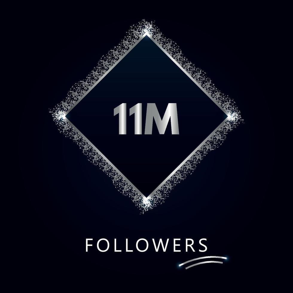 11m avec paillettes argentées isolées sur fond bleu marine. modèle de carte de voeux pour les réseaux sociaux, les abonnés, les célébrations, les amis et les abonnés. 11 millions de followers vecteur