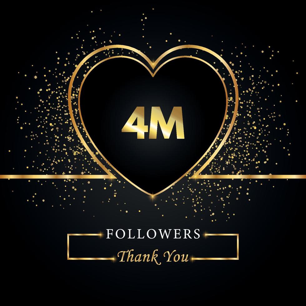 merci 4m ou 4 millions de followers avec coeur et paillettes d'or isolés sur fond noir. modèle de carte de voeux pour les amis et les abonnés des réseaux sociaux. merci, followers, réussite. vecteur