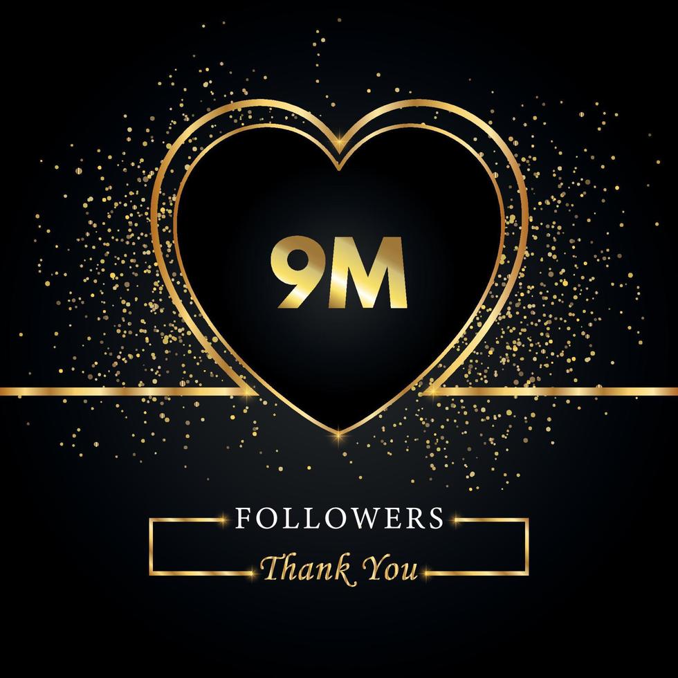 merci 9m ou 9 millions de followers avec coeur et paillettes d'or isolés sur fond noir. modèle de carte de voeux pour les amis et les abonnés des réseaux sociaux. merci, followers, réussite. vecteur