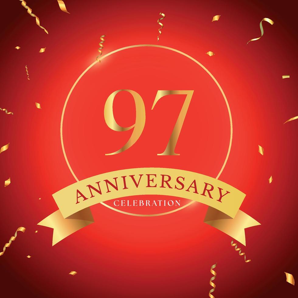 Célébration du 97e anniversaire avec cadre doré et confettis dorés isolés sur fond rouge. création vectorielle pour carte de voeux, fête d'anniversaire, mariage, fête d'événement. Logo anniversaire 97 ans. vecteur